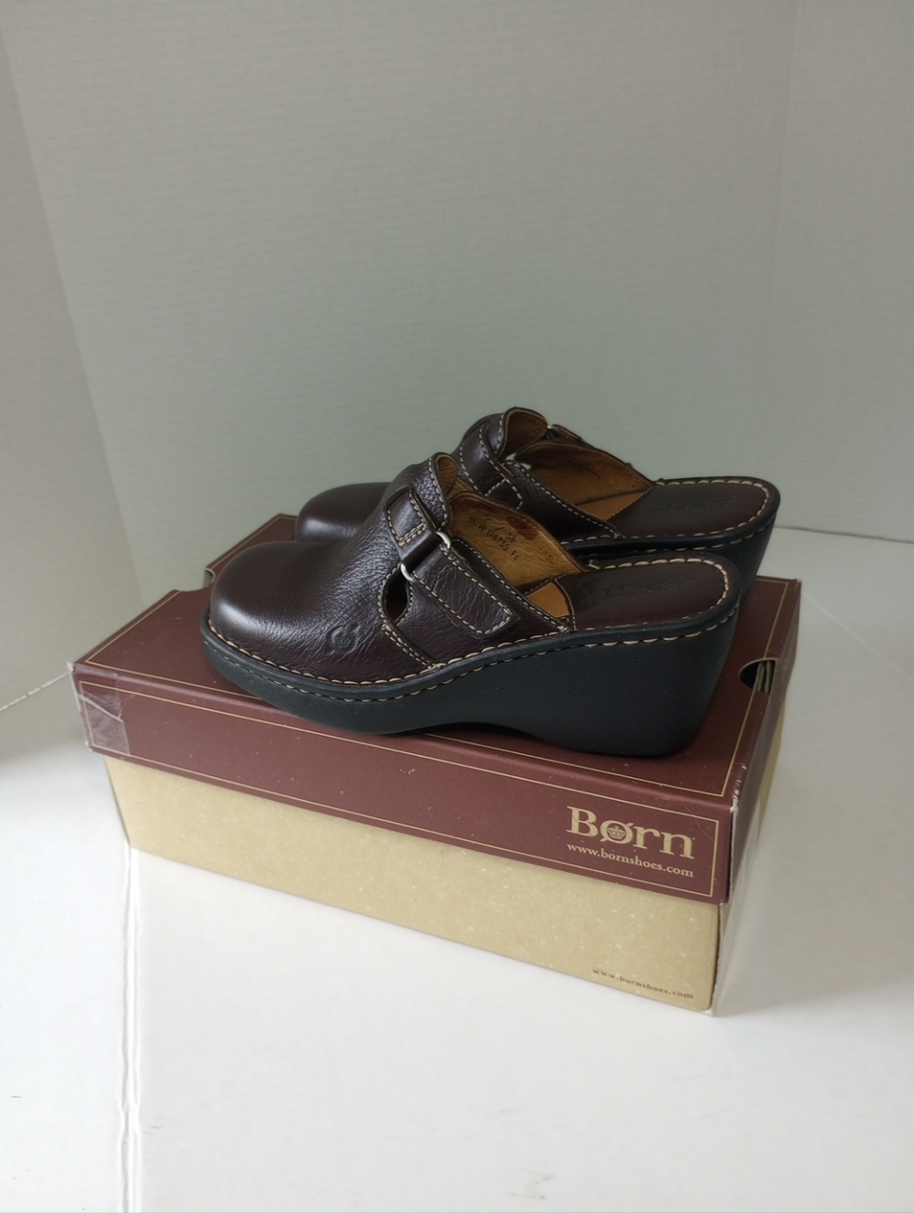 Born Brown Leather Wedge Slip-On Clogs